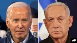 Foto konbinezon sa a montre Prezidan Joe Biden (a goch) epi Premye Minis Benjamin Netanyahu (a dwat). 