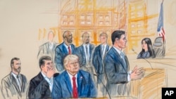 This artist sketch depicts former President Trump conferring with defense lawyer Todd Blanche during his appearance at the Federal Courthouse in Washington, Aug. 3, 2023, as defense lawyer John Lauro faces Judge Moxila Upadhyaya. (Dana Verkouteren via AP)