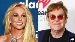 Konbinezon foto Britney Spears epi Elton John. 