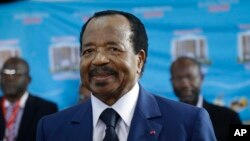 FILE - Cameroon President Paul Biya, seen Oct. 7, 2018, during the presidential elections in Yaounde, marks 40 years in power. Biya, 89, has not been seen in public since July 2022.