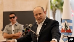 Israeli Prime Minister Naftali Bennett speaks at a press conference on an Israeli Defense Force base in Beit El in the West Bank, April 5, 2022. 