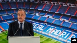 Real Madrid's President Florentino Perez gives a speech during the official presentation of Belgium forward Eden Hazard at the Santiago Bernabeu stadium in Madrid, Spain, Thursday, June 13, 2019. Real Madrid announced last week that it had acquired…