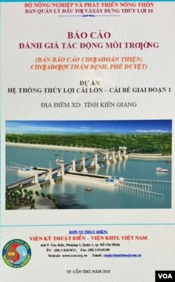 Hình trên và dưới: Bản báo cáo Đánh giá Tác Động Môi trường (ĐTM), Dự án Hệ thống thuỷ lợi Sông Cái Lớn – Cái Bé; phải, vùng dự án CLCB (vùng màu hồng) trong lưu vực Đồng Bằng Sông Cửu Long. (1) [nguồn: ĐTM tr..83]