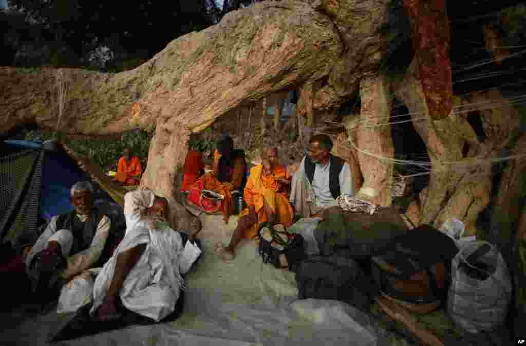 Những Hindu h&agrave;nh hương nghỉ ch&acirc;n dưới một gốc c&acirc;y to trong suốt thời gian diễn ra lễ hội Kumbh Mela ở Allahabad.