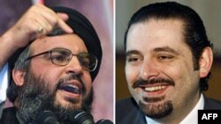 Thủ tướng Li Băng Saad Hariri (phải) và thủ lãnh Hassan Nasrallah của phe Hezbollah