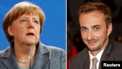 Thủ tướng Đức Angela Merkel (trái) và diễn viên hài Boehmermann (phải).