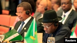 Tổng thống Nigeria Goodluck Jonathan (phải) và Tổng thống Tanzania Jakaya Mrisho Kikwete tại lễ kỷ niệm 50 năm thành lập Liên hiệp Phi châu ở thủ đô Addis Ababa của Ethiopia, ngày 25/5/2013.