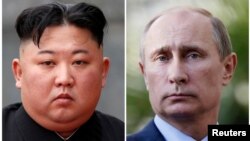 Bức ảnh ghép Chủ tịch Kim Jong Un và Tổng thống Putin. 