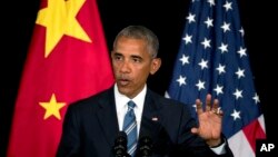 Tổng thống Mỹ Barack Obama phát biểu tại một cuộc họp báo sau khi kết thúc Hội nghị thượng đỉnh G20 ở Hàng Châu, Trung Quốc, 5/9/2016.