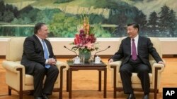 Ngoại trưởng Mỹ Mike Pompeo nói chuyện với Chủ tịch Trung Quốc Tập Cận Bình tại Đại lễ đường Nhân dân ở Bắc Kinh ngày 14/6/2018.