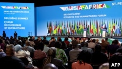 Russian President Vladimir Putin and Comoros President and the Chairperson of the African Union Azali Assoumani deliver a joint media statement at the second Russia-Africa summit in Saint Petersburg on July 28, 2023. (Photo by Valery SHARIFULIN / TASS Hos