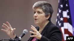 Bộ trưởng An ninh Quốc Nội Hoa Kỳ Janet Napolitano phát biểu tại trường đại học American ở Washington, 5/10/2011