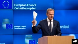 Chủ tịch Hội đồng Châu Âu Donald Tusk tại một cuộc họp báo ở Brussels, Bỉ, ngày 29/3/2017.