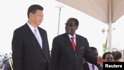 Chủ tịch Trung Quốc Tập Cận Bình được Tổng thống Zimbabwe Robert Mugabe đón tiếp tại Harare, Zimbabwe, ngày 1/12/2015.