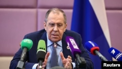 Russia's Foreign Minister Sergei Lavrov speaks during a news conference in Phnom Penh