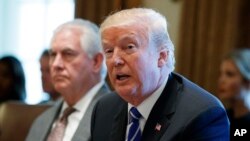 Ngoại trưởng Mỹ Rex Tillerson lắng nghe khi Tổng thống Donald Trump phát biểu trong một cuộc họp nội các tại Nhà Trắng, ngày 20 tháng 11, 2017, ở Washington.