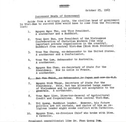 Công điện mật 25 tháng 10, 1963: Danh sách các nhân vật dân sự được xem là có thể thay thế tổng thống Ngô Đình Diệm hậu đảo chánh.