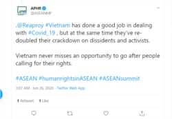 APHR viết trên Twitter hôm 26-06-2020 về nhân quyền Việt Nam. Photo APHR via Twitter.