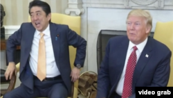 Phản ứng của Thủ tướng Nhật Shinzo Abe sau khi bắt tay ông Trump tại Nhà Trắng trong chuyến thăm Mỹ.