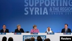 Từ trái sang: Tổng thư ký LHQ Ban Ki-moon, Thủ tướng Na Uy Erna Solberg, Thủ tướng Đức Angela Merkel, and Quốc vương Kuwait Sheikh Sabah al-Ahmad al-Sabah trong cuộc họp ở London, Anh, ngày 4/2/2016.