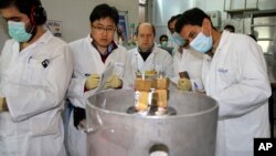 Các thanh sát viên của IAEA và kỹ sư Iran tại cơ sở hạt nhân Natanz, cách thủ đô Tehran 322 km hồi đầu năm ngoái. Tehran đồng ý ngưng các hoạt động làm giàu uranium và chịu thanh sát để đổi lấy việc rút lại các chế tài.