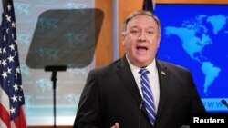 Ngoại trưởng Mỹ Mike Pompeo trong cuộc họp báo tại Bộ Ngoại giao về COVID-19 ngày 6/5/2020.