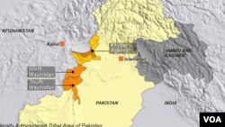 نقشے میں شمالی وزیرستان اور پاکستان کے دیگر قبائلی علاقے واضح ہیں۔ 