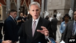 US House Speaker Kevin McCarthy (R-CA) speaks to members of the media in Statuary Hall at the US Capitol in Washington, DC, on October 2, 2023.