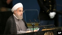 Tổng thống Iran Hassan Rouhani phát biểu trong phiên họp lần thứ 71 của Đại Hội đồng Liên Hiệp Quốc, 22/9/2016.