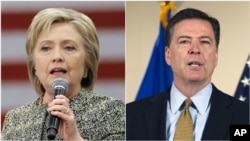 Giám đốc FBI James Comey (phải) đề nghị không truy tố bà Hillary Clinton (trái) về việc dùng máy chủ tư và nhiều điện thoại di động để chuyển email cá nhân và công vụ trong thời gian bà làm ngoại trưởng.