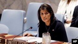 Đại sứ Mỹ tại Liên hiệp quốc Nikki Haley phát biểu tại Hội đồng Bảo an ngày 17/9/2018.