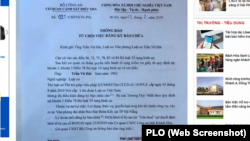 Thông báo của Bộ Công an về việc từ chối cho phép Luật sư Trần Vũ Hải bào chữa cho ông Trương Duy Nhất.